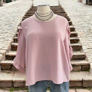 Shein Curve Pink Ruffle Sleeve Blouse & Multistrand Pearl Necklace Set 2XL Loose